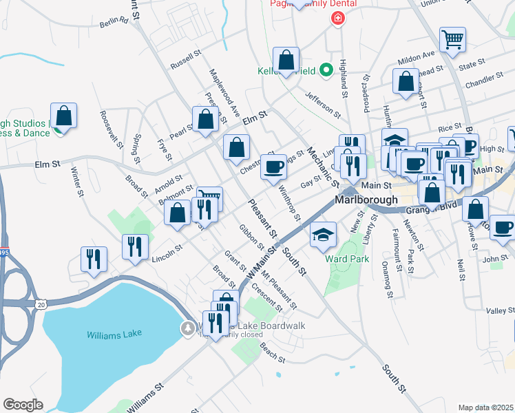 map of restaurants, bars, coffee shops, grocery stores, and more near 40 Pleasant Street in Marlborough