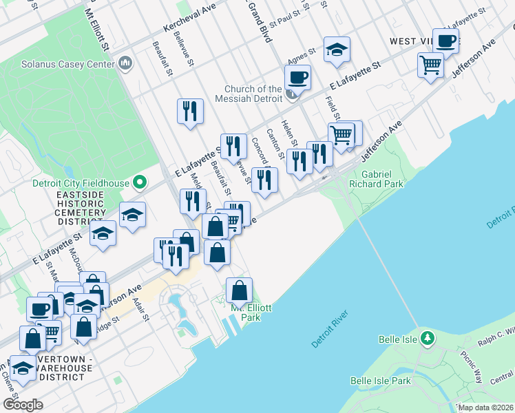 map of restaurants, bars, coffee shops, grocery stores, and more near 6500 East Jefferson Avenue in Detroit