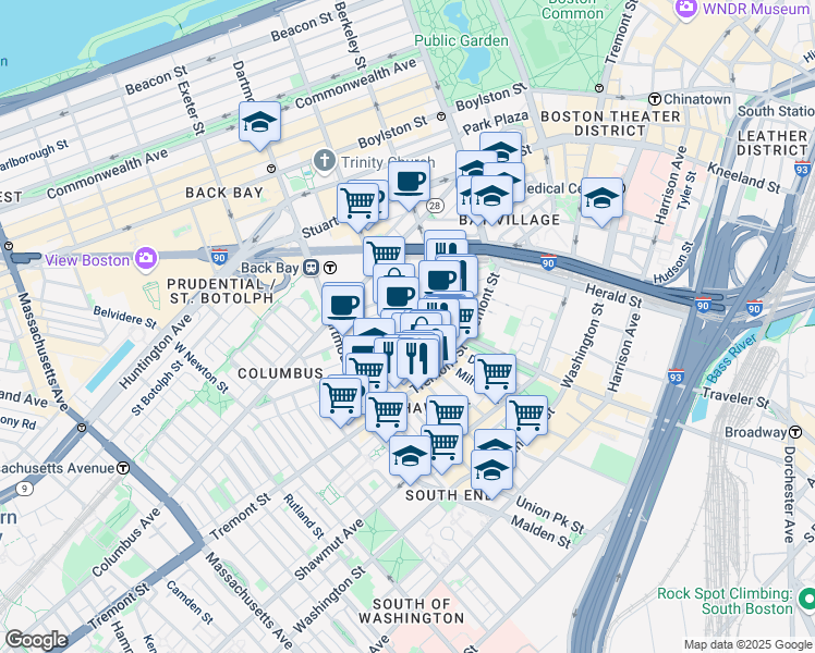 map of restaurants, bars, coffee shops, grocery stores, and more near 34 Warren Avenue in Boston