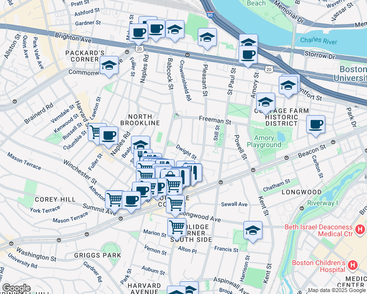 map of restaurants, bars, coffee shops, grocery stores, and more near 62 Green Street in Brookline