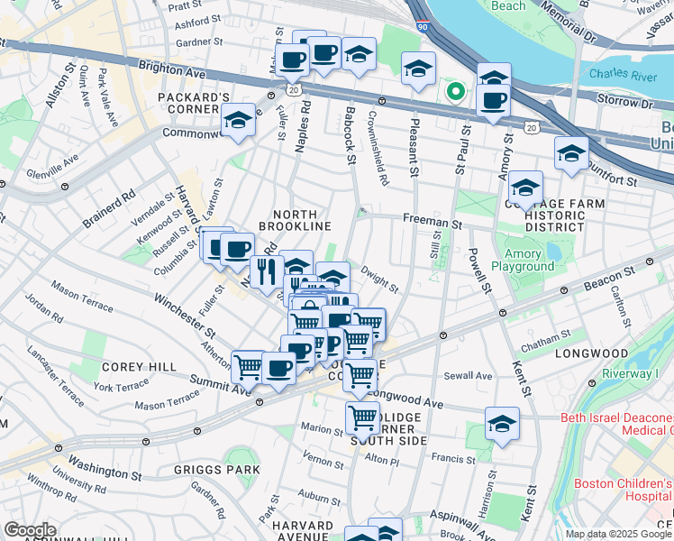map of restaurants, bars, coffee shops, grocery stores, and more near 51 John Street in Brookline