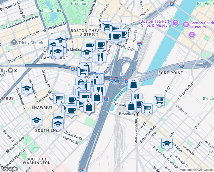 map of restaurants, bars, coffee shops, grocery stores, and more near 202 Albany Street in Boston