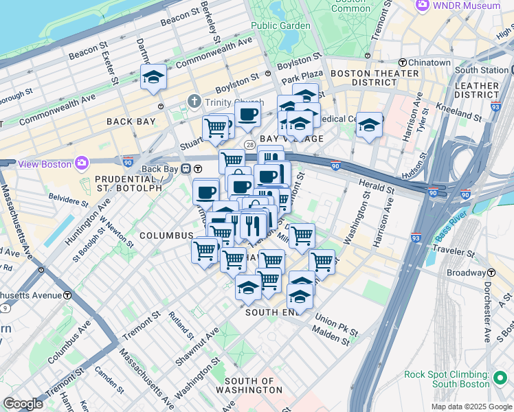 map of restaurants, bars, coffee shops, grocery stores, and more near 34 Warren Avenue in Boston