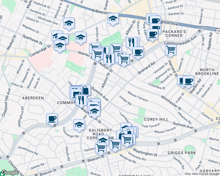 map of restaurants, bars, coffee shops, grocery stores, and more near 19 Vinal Street in Boston