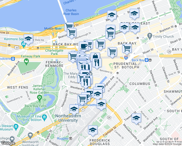map of restaurants, bars, coffee shops, grocery stores, and more near 29 Saint Germain Street in Boston