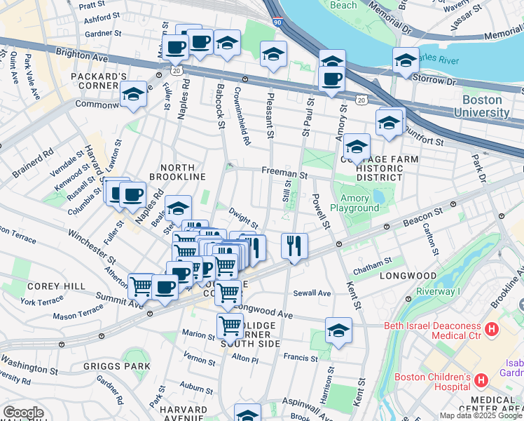 map of restaurants, bars, coffee shops, grocery stores, and more near 15 Dwight Street in Brookline