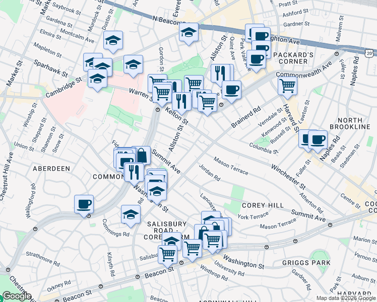 map of restaurants, bars, coffee shops, grocery stores, and more near 246 Corey Road in Boston