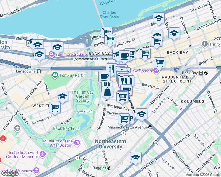 map of restaurants, bars, coffee shops, grocery stores, and more near 56-60 Hemenway Street in Boston