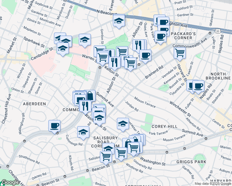 map of restaurants, bars, coffee shops, grocery stores, and more near 246 Corey Road in Boston