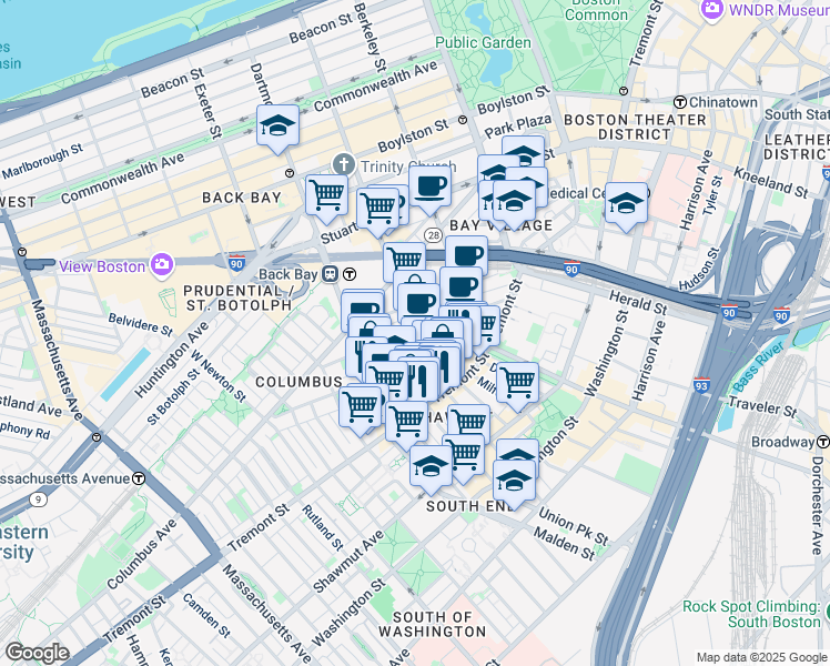 map of restaurants, bars, coffee shops, grocery stores, and more near Clarendon St & Appleton St in Boston