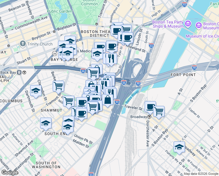 map of restaurants, bars, coffee shops, grocery stores, and more near 300 Harrison Avenue in Boston