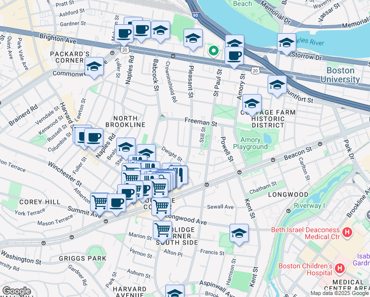 map of restaurants, bars, coffee shops, grocery stores, and more near 15 Dwight Street in Brookline