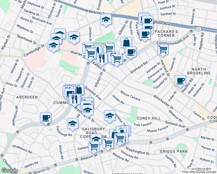 map of restaurants, bars, coffee shops, grocery stores, and more near 246 Corey Road in Boston