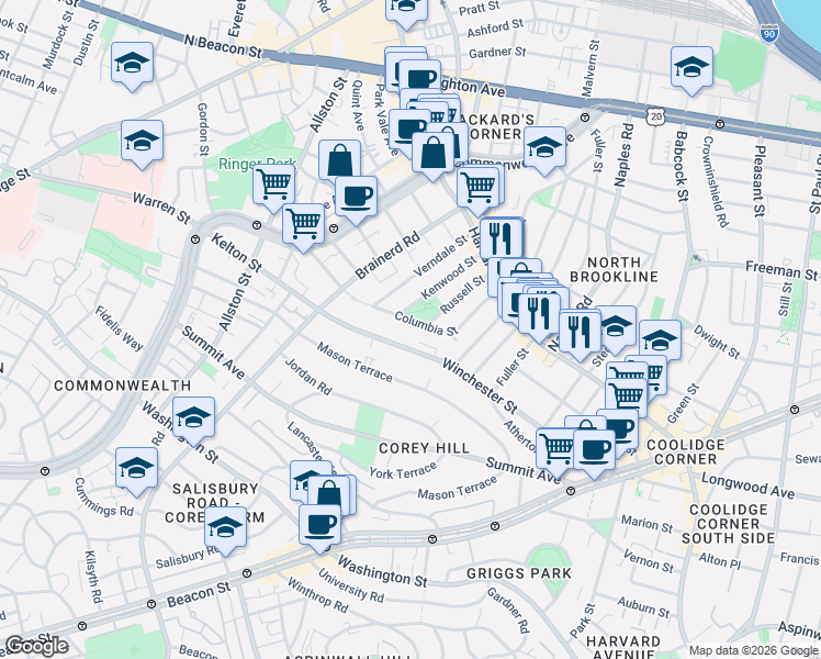 map of restaurants, bars, coffee shops, grocery stores, and more near 183 Winchester Street in Brookline