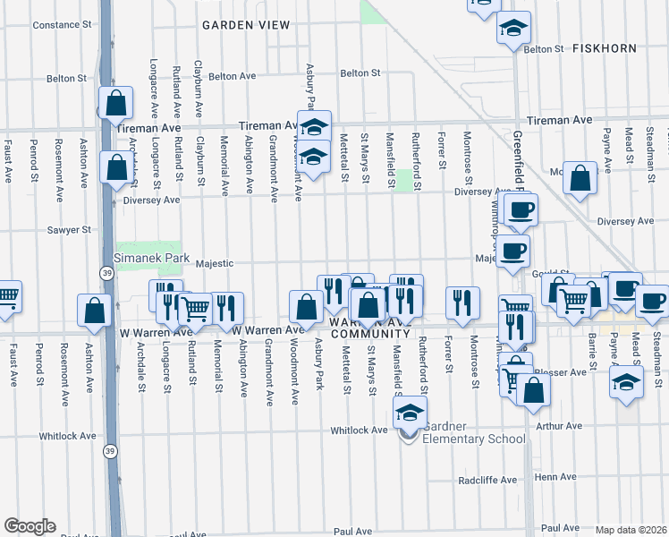 map of restaurants, bars, coffee shops, grocery stores, and more near 7297 Mettetal Street in Detroit