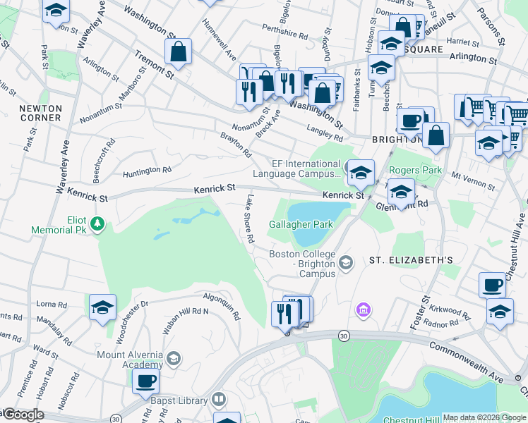 map of restaurants, bars, coffee shops, grocery stores, and more near 142 Kenrick Street in Boston