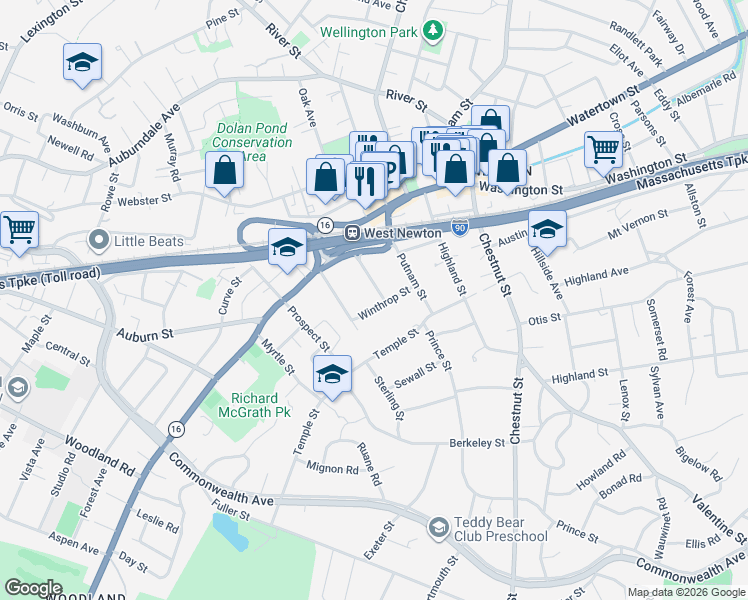 map of restaurants, bars, coffee shops, grocery stores, and more near 44 Winthrop Street in Newton