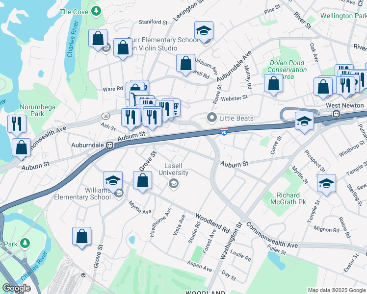 map of restaurants, bars, coffee shops, grocery stores, and more near 12 Sherman Place in Newton