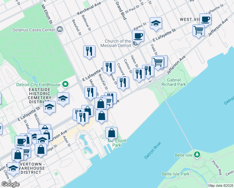 map of restaurants, bars, coffee shops, grocery stores, and more near 6533 East Jefferson Avenue in Detroit