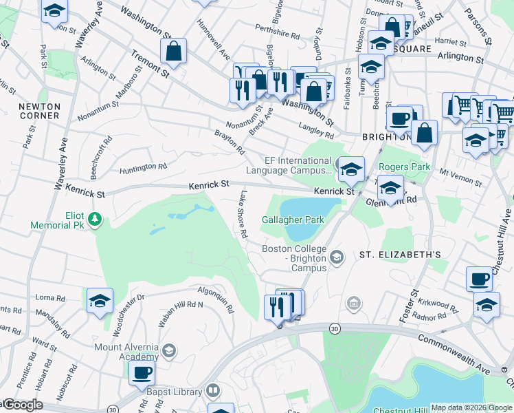 map of restaurants, bars, coffee shops, grocery stores, and more near 185 Lake Shore Road in Boston