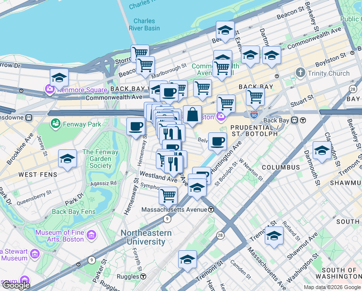 map of restaurants, bars, coffee shops, grocery stores, and more near 216 Massachusetts Avenue in Boston