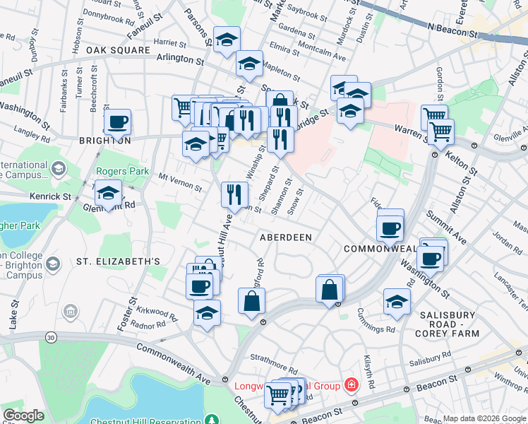 map of restaurants, bars, coffee shops, grocery stores, and more near 30 Blenford Road in Boston