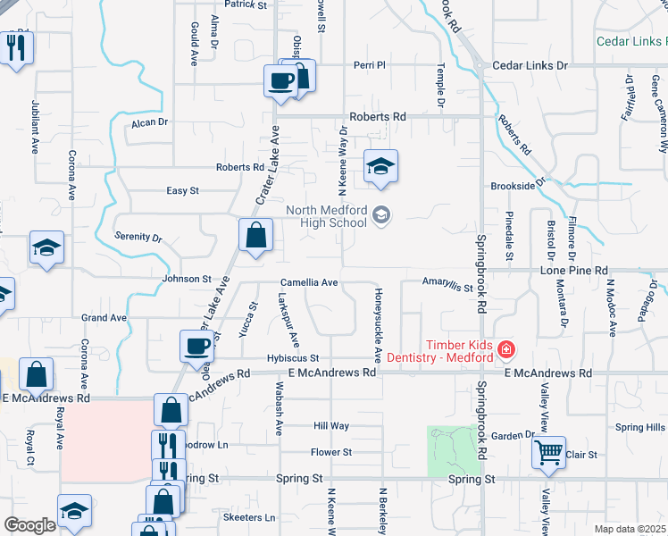 map of restaurants, bars, coffee shops, grocery stores, and more near 1956 Camellia Avenue in Medford