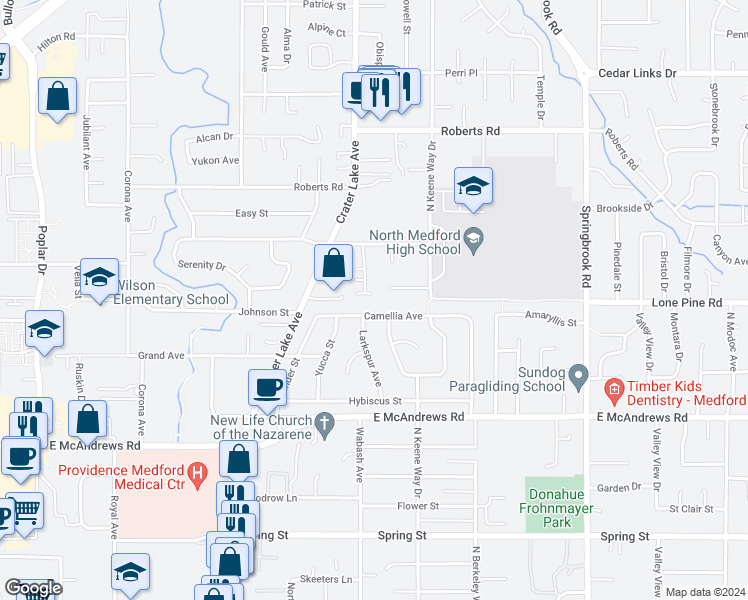 map of restaurants, bars, coffee shops, grocery stores, and more near 1918 Camellia Avenue in Medford
