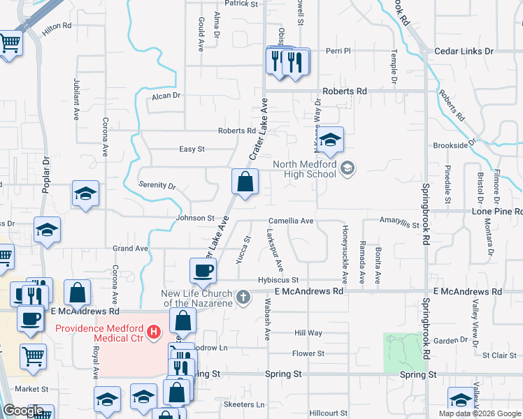 map of restaurants, bars, coffee shops, grocery stores, and more near 1800 Camellia Avenue in Medford