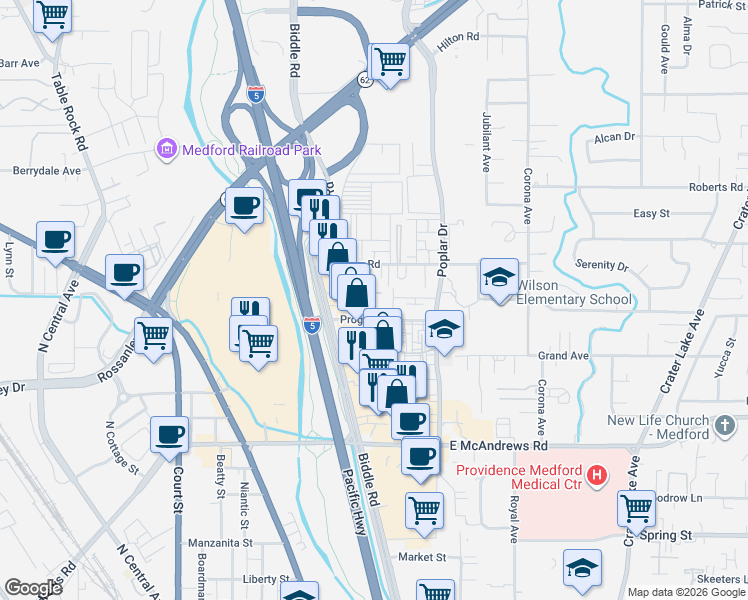 map of restaurants, bars, coffee shops, grocery stores, and more near 1112 Progress Drive in Medford