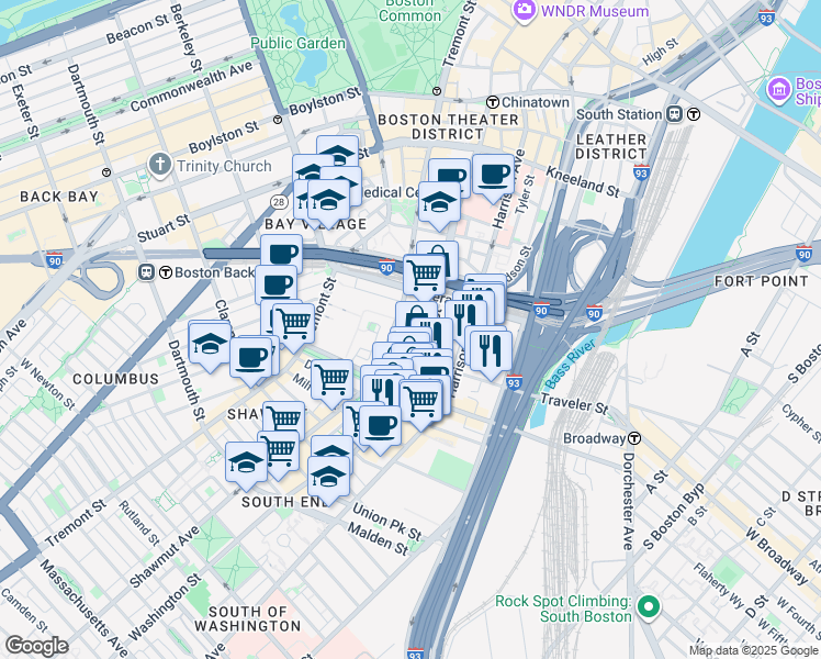 map of restaurants, bars, coffee shops, grocery stores, and more near 1069 Washington Street in Boston