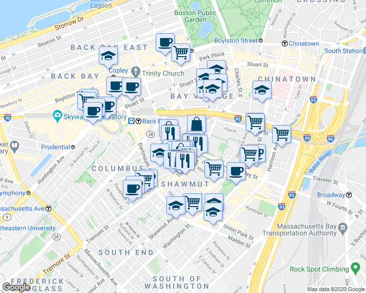 map of restaurants, bars, coffee shops, grocery stores, and more near 34 Warren Avenue in Boston