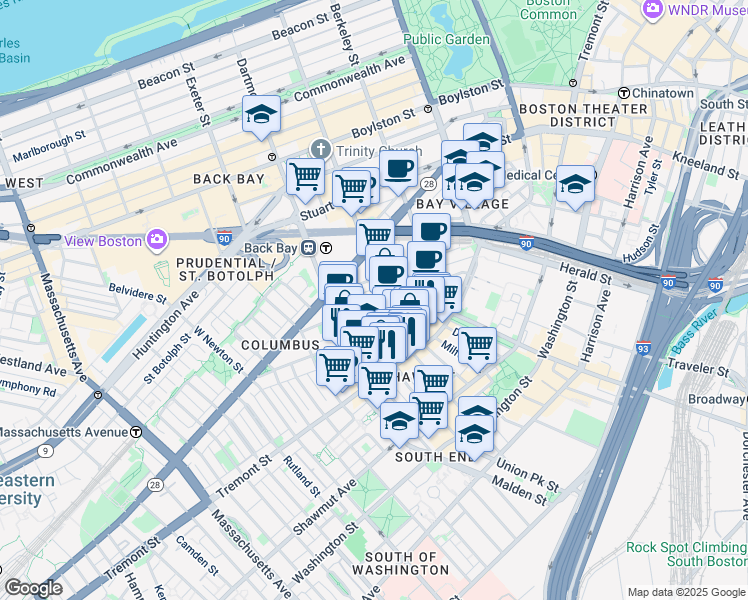 map of restaurants, bars, coffee shops, grocery stores, and more near 77 Warren Avenue in Boston