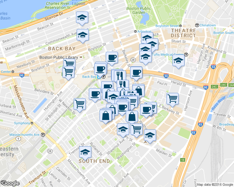 map of restaurants, bars, coffee shops, grocery stores, and more near 77 Warren Avenue in Boston