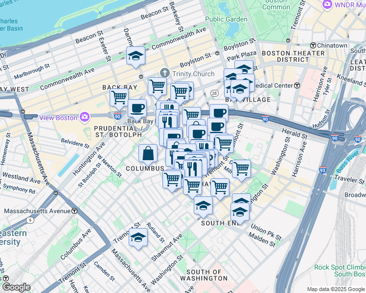 map of restaurants, bars, coffee shops, grocery stores, and more near 67 Dartmouth Street in Boston