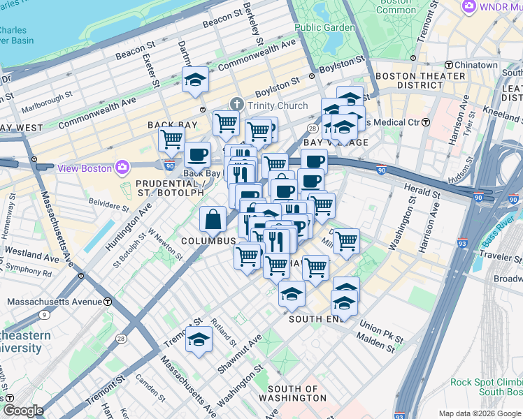 map of restaurants, bars, coffee shops, grocery stores, and more near 67 Dartmouth Street in Boston