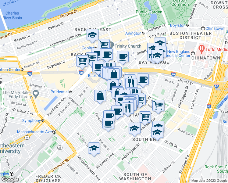 map of restaurants, bars, coffee shops, grocery stores, and more near 67 Dartmouth Street in Boston