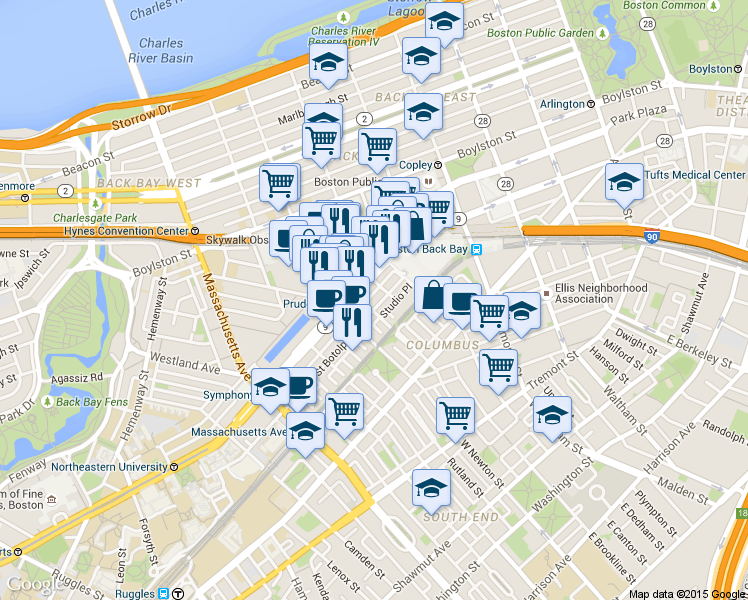 map of restaurants, bars, coffee shops, grocery stores, and more near 94 Saint Botolph Street in Boston