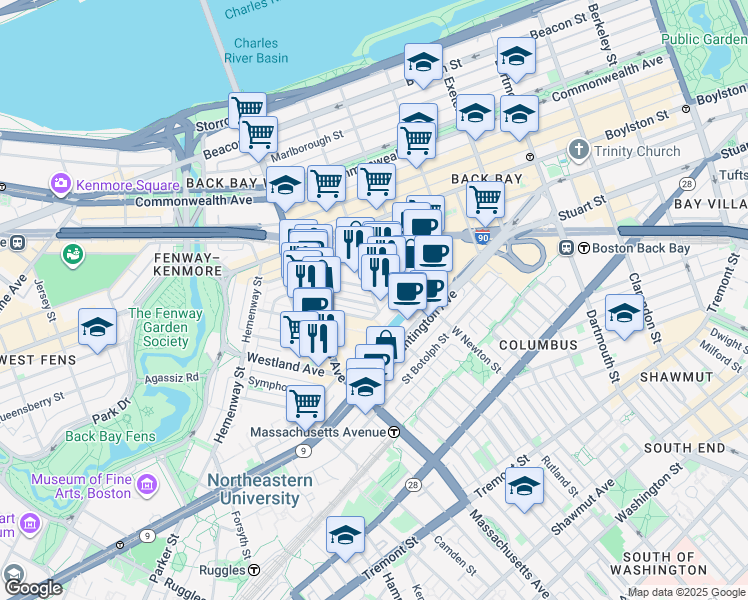 map of restaurants, bars, coffee shops, grocery stores, and more near 41 Clearway Street in Boston