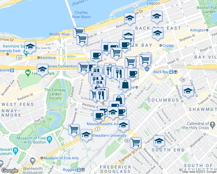 map of restaurants, bars, coffee shops, grocery stores, and more near 41 Clearway Street in Boston