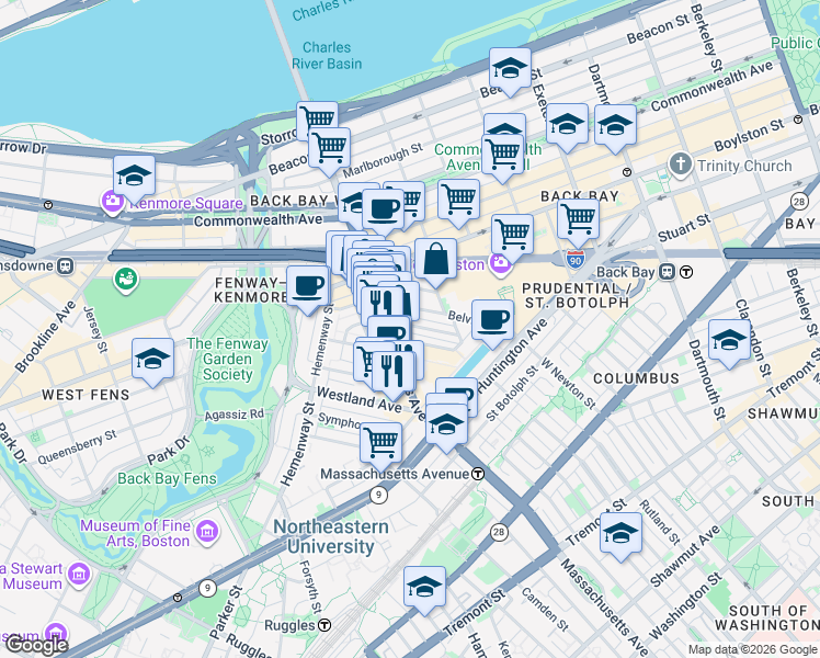 map of restaurants, bars, coffee shops, grocery stores, and more near 1 Norway Street in Boston