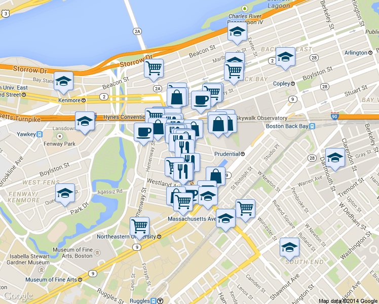 map of restaurants, bars, coffee shops, grocery stores, and more near 216 Massachusetts Avenue in Boston