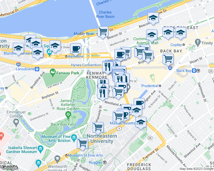 map of restaurants, bars, coffee shops, grocery stores, and more near 56-60 Hemenway Street in Boston