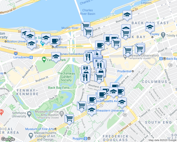 map of restaurants, bars, coffee shops, grocery stores, and more near 56-60 Hemenway Street in Boston