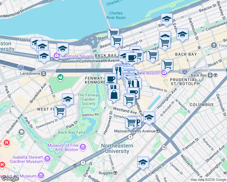 map of restaurants, bars, coffee shops, grocery stores, and more near 56-60 Hemenway Street in Boston