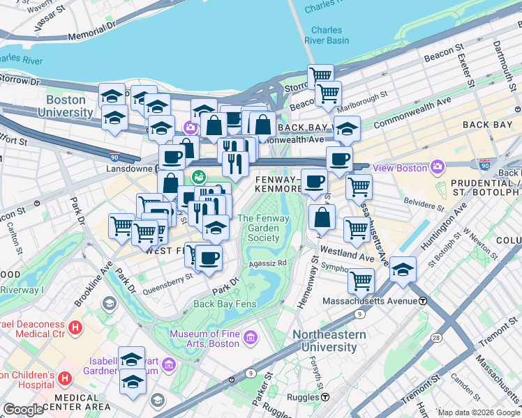 map of restaurants, bars, coffee shops, grocery stores, and more near Path Q in Boston