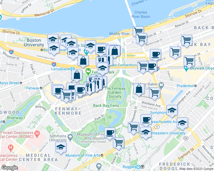 map of restaurants, bars, coffee shops, grocery stores, and more near Path Q in Boston