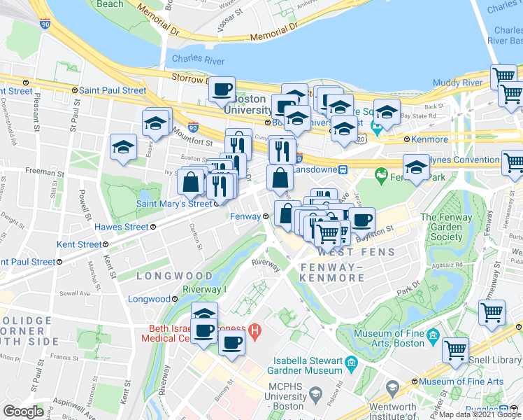 map of restaurants, bars, coffee shops, grocery stores, and more near 440 Park Drive in Boston