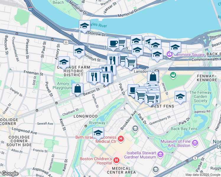 map of restaurants, bars, coffee shops, grocery stores, and more near 34 Medfield Street in Boston