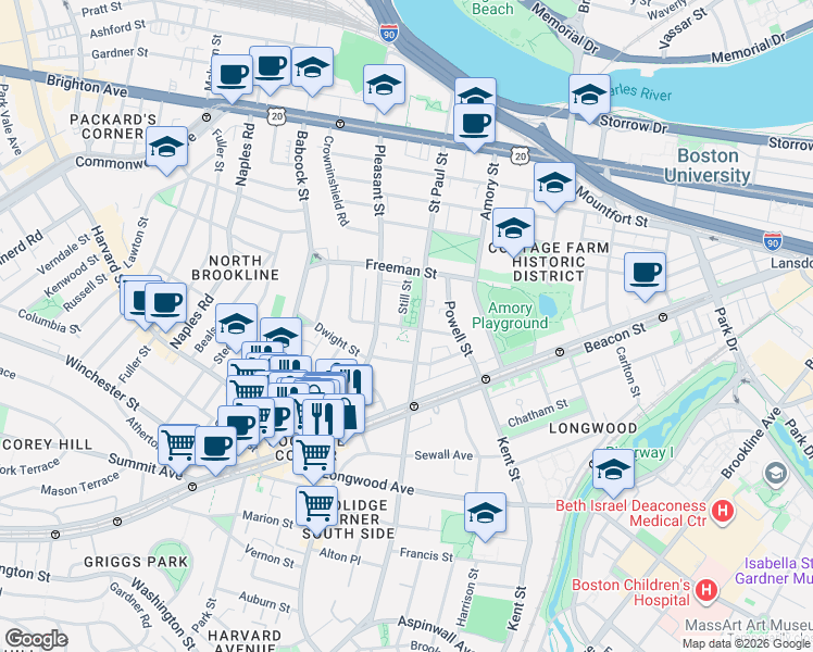 map of restaurants, bars, coffee shops, grocery stores, and more near 63 Parkman Street in Brookline